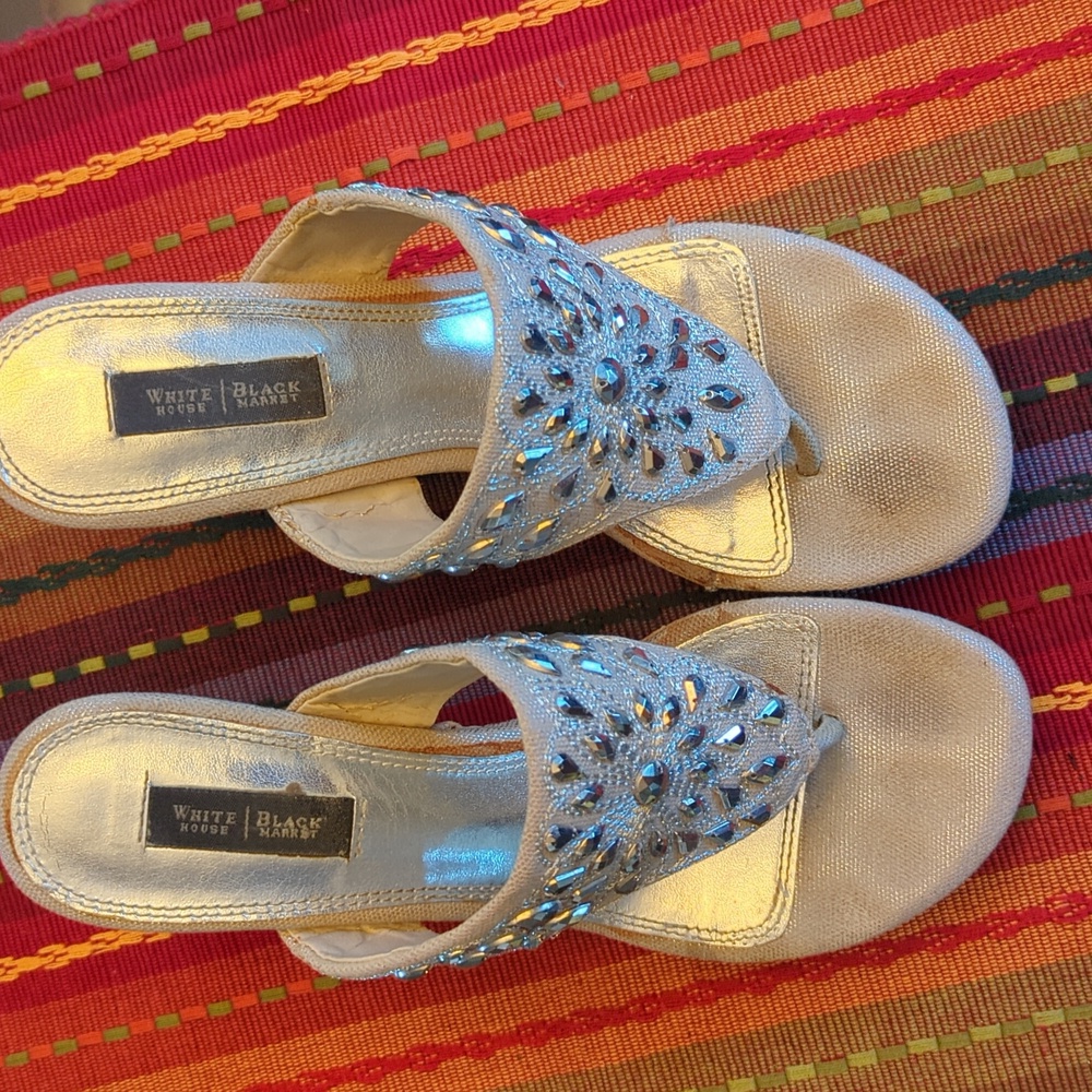 WHBM Beige wedges with Silver Stud accents. Size 7 1/2.
